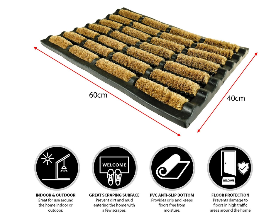 Fixtures Terrington Style Door Mat Heavy Duty Rubber Tuff 100% Natural Coir Bristle- 40 x 60 cm,